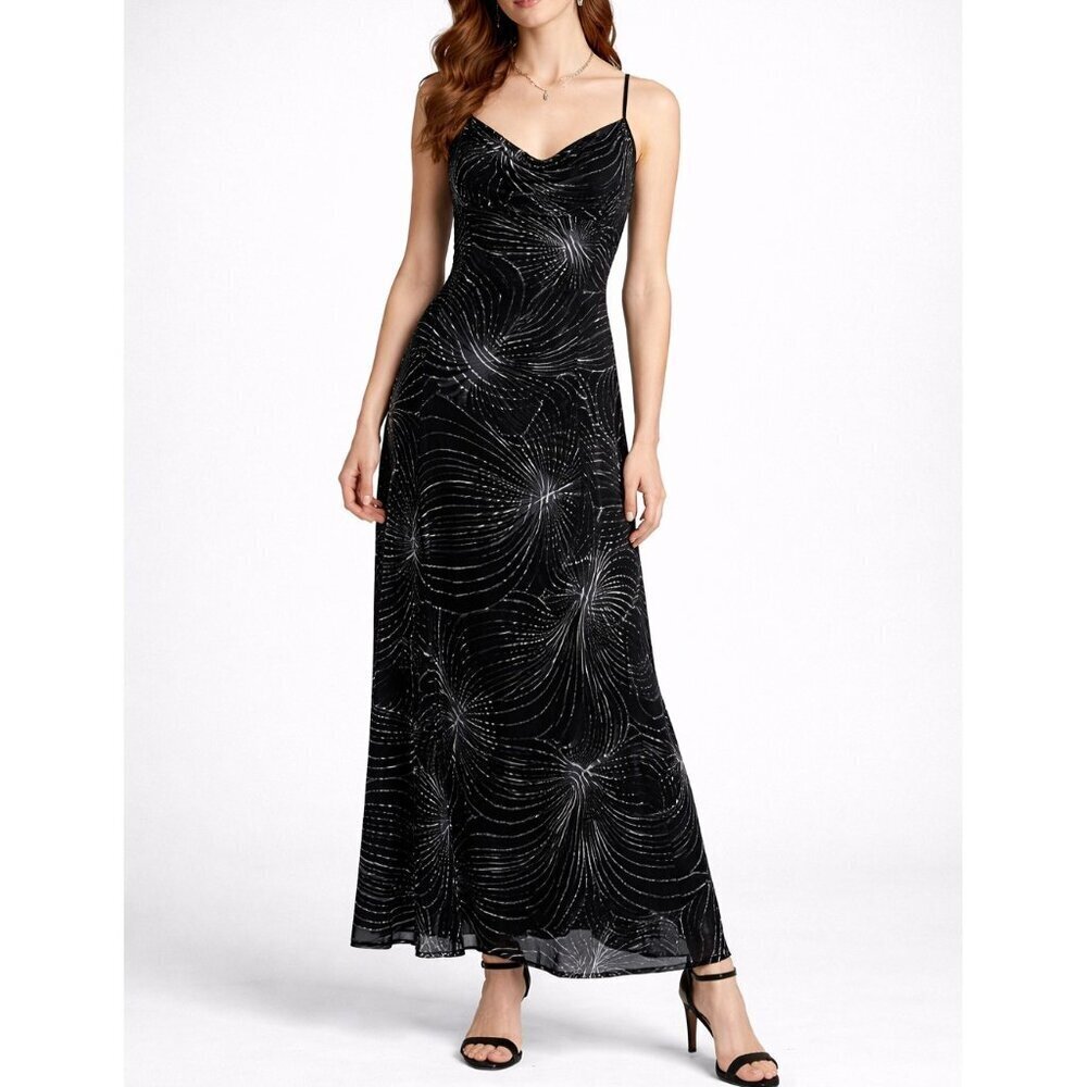 Vintage Mondi Velvet Burnout Maxi Dress Black Silver Art Deco Strappy Size 38